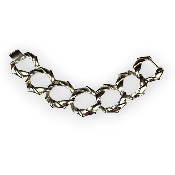 Vintage Circle Link Bracelet Gold Tone Textured Chain Wide Chunky 7.5" Long - Picture 2 of 5